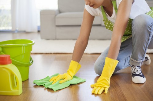 Technician performing steam carpet cleaning in a living room
